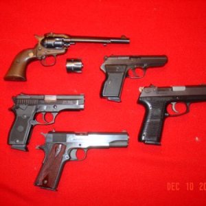 My Ruger Single Six, a CZ in 32 Auto, PT 908, Ruger P95 DC, and a Colt 1911