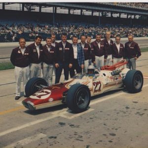 1967 Indy. Jim Robbins Special. I am the fifth from the right in this picture taken after our qualification run. Driver: Lucien Bianchi. Chief Mech. G