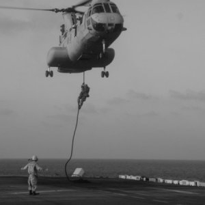 Fast roping out of CH46E onto flight deck of USS Pelileu while in the Persian Gulf. 2008 maybe?