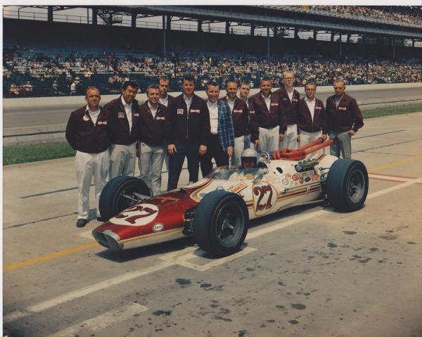 1967 Indy. Jim Robbins Special. I am the fifth from the right in this picture taken after our qualification run. Driver: Lucien Bianchi. Chief Mech. G