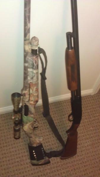 My Benelli Super Nova with Simmons prosport 3-9x40 scope. On the right is my daughters Mossberg 500c 20ga.